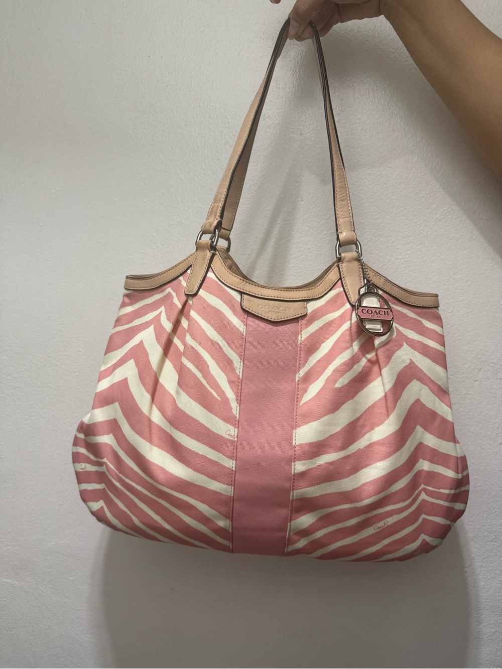 COACH Pink and Cream Zebra-Striped Shoulder Tote